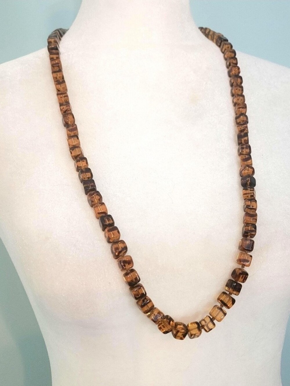 Vintage Czech Glass Tigers Eye Cube Necklace, Hand Knotted Swirl -Opera Length
